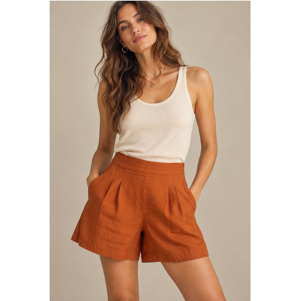 Cuyana Linen Pleated Front Shorts Sz Large Burnt Orange High Waist Quiet Luxury